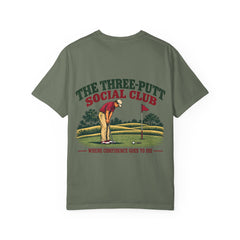 Rough Etiquette Three-Putt Social Club golf T-shirt in Moss — back view with vintage golf graphic