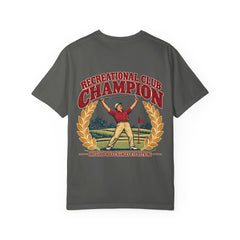 Rough Etiquette Recreational Club Champion golf T-shirt in Pepper — back view with vintage golf graphic