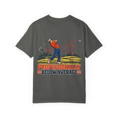 Rough Etiquette Professionally Below Average golf T-shirt in Pepper — back view with vintage golf graphic
