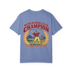 Rough Etiquette Recreational Club Champion golf T-shirt in Washed Denim — back view with vintage golf graphic