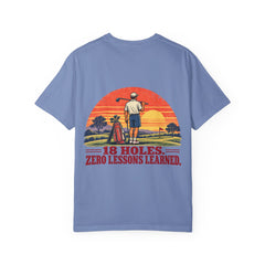 Rough Etiquette 18 Holes. Zero Lessons Learned. golf T-shirt in Washed Denim — back view with vintage golf graphic