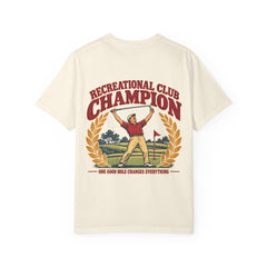 Rough Etiquette Recreational Club Champion golf T-shirt in Ivory — back view with vintage golf graphic