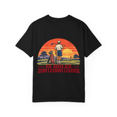 Rough Etiquette 18 Holes. Zero Lessons Learned. golf T-shirt in Black — back view with vintage golf graphic