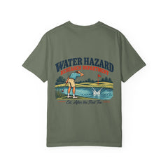 Rough Etiquette Water Hazard Research Department golf T-shirt in Moss — back view with vintage golf graphic