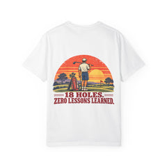 Rough Etiquette 18 Holes. Zero Lessons Learned. golf T-shirt in White — back view with vintage golf graphic
