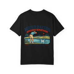 Rough Etiquette Water Hazard Research Department golf T-shirt in Black — back view with vintage golf graphic