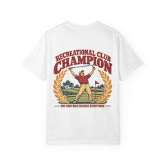 Rough Etiquette Recreational Club Champion golf T-shirt in White — back view with vintage golf graphic