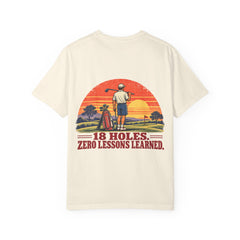 Rough Etiquette 18 Holes. Zero Lessons Learned. golf T-shirt in Ivory — back view with vintage golf graphic