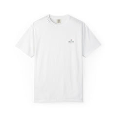 Rough Etiquette Water Hazard Research Department golf T-shirt in White — front view with small chest logo