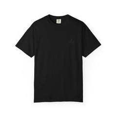 Rough Etiquette Water Hazard Research Department golf T-shirt in Black — front view with small chest logo