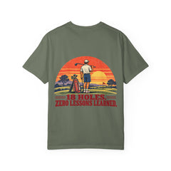Rough Etiquette 18 Holes. Zero Lessons Learned. golf T-shirt in Moss — back view with vintage golf graphic