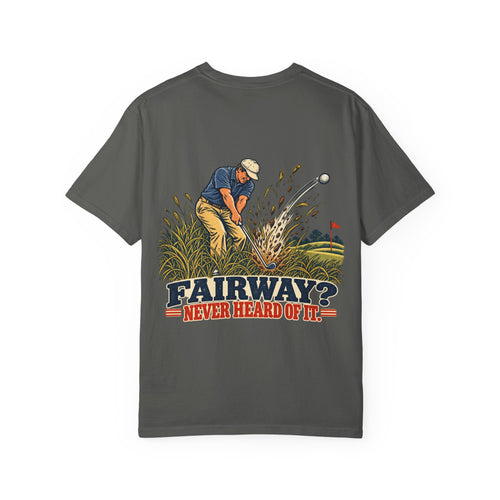 Rough Etiquette Fairway? Never Heard of It. golf T-shirt in Pepper — back view with vintage golf graphic