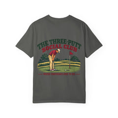 Rough Etiquette Three-Putt Social Club golf T-shirt in Pepper — back view with vintage golf graphic