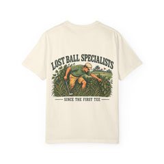Rough Etiquette Lost Ball Specialists golf T-shirt in Ivory — back view with vintage golf graphic