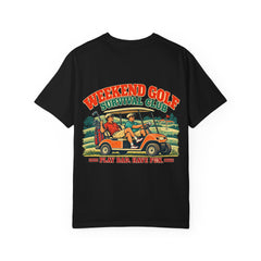 Rough Etiquette Weekend Golf Survival Club golf T-shirt in Black — back view with vintage golf graphic