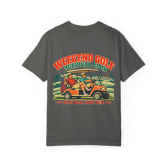 Rough Etiquette Weekend Golf Survival Club golf T-shirt in Pepper — back view with vintage golf graphic