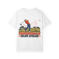 Rough Etiquette Professionally Below Average golf T-shirt in White — back view with vintage golf graphic