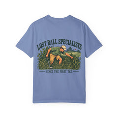 Rough Etiquette Lost Ball Specialists golf T-shirt in Washed Denim — back view with vintage golf graphic