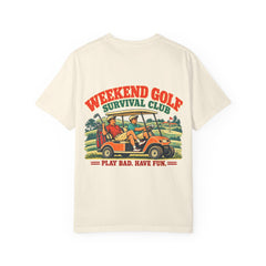 Rough Etiquette Weekend Golf Survival Club golf T-shirt in Ivory — back view with vintage golf graphic