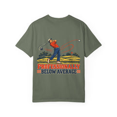 Rough Etiquette Professionally Below Average golf T-shirt in Moss — back view with vintage golf graphic