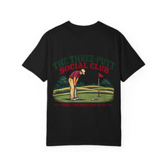 Rough Etiquette Three-Putt Social Club golf T-shirt in Black — back view with vintage golf graphic