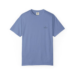 Rough Etiquette Weekend Golf Survival Club golf T-shirt in Washed Denim — front view with small chest logo