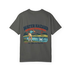 Rough Etiquette Water Hazard Research Department golf T-shirt in Pepper — back view with vintage golf graphic