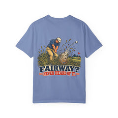 Rough Etiquette Fairway? Never Heard of It. golf T-shirt in Washed Denim — back view with vintage golf graphic
