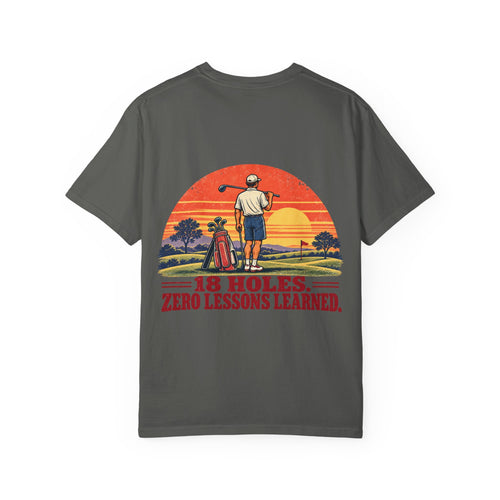 Rough Etiquette 18 Holes. Zero Lessons Learned. golf T-shirt in Pepper — back view with vintage golf graphic