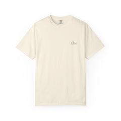 Rough Etiquette Water Hazard Research Department golf T-shirt in Ivory — front view with small chest logo