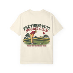 Rough Etiquette Three-Putt Social Club golf T-shirt in Ivory — back view with vintage golf graphic