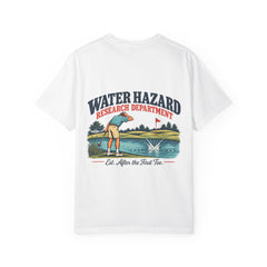 Rough Etiquette Water Hazard Research Department golf T-shirt in White — back view with vintage golf graphic