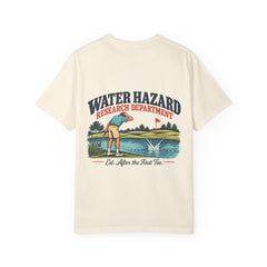 Rough Etiquette Water Hazard Research Department golf T-shirt in Ivory — back view with vintage golf graphic