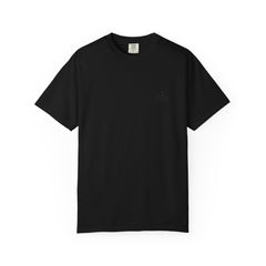 Rough Etiquette 18 Holes. Zero Lessons Learned. golf T-shirt in Black — front view with small chest logo