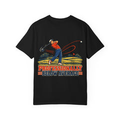 Rough Etiquette Professionally Below Average golf T-shirt in Black — back view with vintage golf graphic