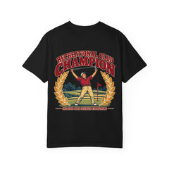 Rough Etiquette Recreational Club Champion golf T-shirt in Black — back view with vintage golf graphic
