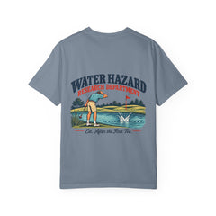 Rough Etiquette Water Hazard Research Department golf T-shirt in Blue Jean — back view with vintage golf graphic