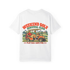 Rough Etiquette Weekend Golf Survival Club golf T-shirt in White — back view with vintage golf graphic