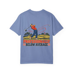 Rough Etiquette Professionally Below Average golf T-shirt in Washed Denim — back view with vintage golf graphic