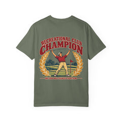 Rough Etiquette Recreational Club Champion golf T-shirt in Moss — back view with vintage golf graphic