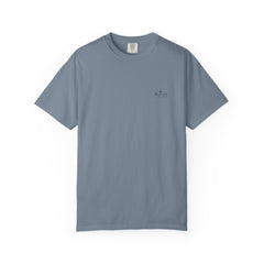 Rough Etiquette Water Hazard Research Department golf T-shirt in Blue Jean — front view with small chest logo