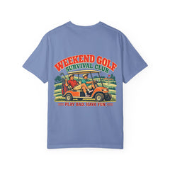 Rough Etiquette Weekend Golf Survival Club golf T-shirt in Washed Denim — back view with vintage golf graphic