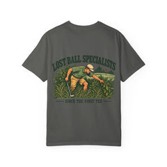 Rough Etiquette Lost Ball Specialists golf T-shirt in Pepper — back view with vintage golf graphic