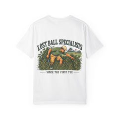 Rough Etiquette Lost Ball Specialists golf T-shirt in White — back view with vintage golf graphic