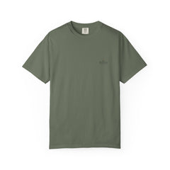 Rough Etiquette 18 Holes. Zero Lessons Learned. golf T-shirt in Moss — front view with small chest logo