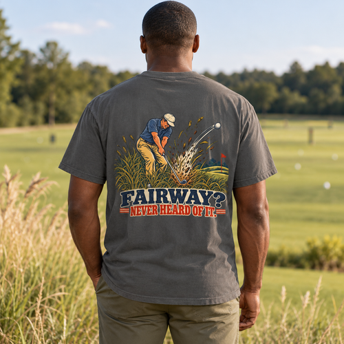 Fairway? Never Heard of It. tee in Pepper, back print shown on a model in a golf-course lifestyle mockup