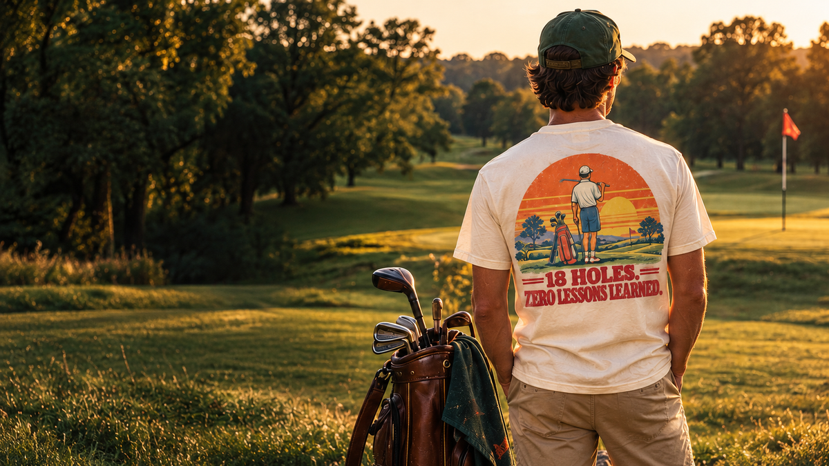 Golfer wearing the Rough Etiquette 18 Holes tee at golden hour
